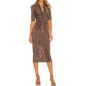Hansen Gretel Valencia Midi Dress Size M Brown Metallic Animal Print‎ Ruched S/S